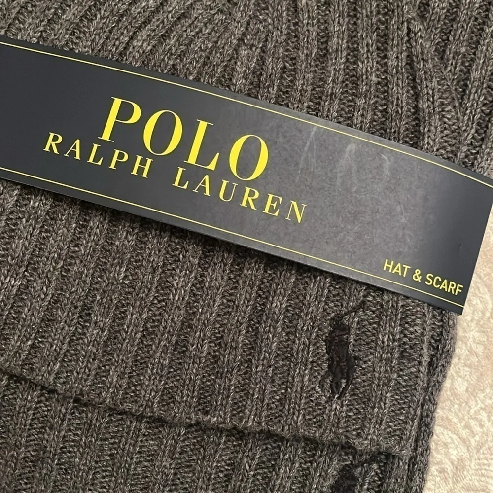 Brand New Polo Ralph Lauren 2-Piece Knit Beanie Hat & Scarf Set Gray Wool Pony